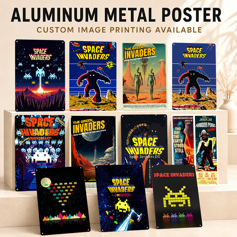 Retro Gaming Lounge - Poster Bertekstur Space Invaders, Papan Logam